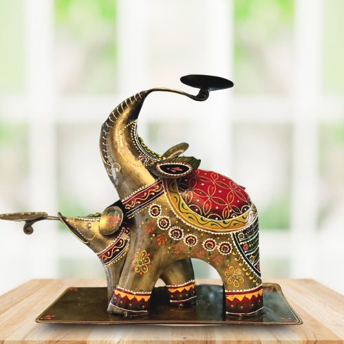 Handcrafted Metal elephant and baby candle holder